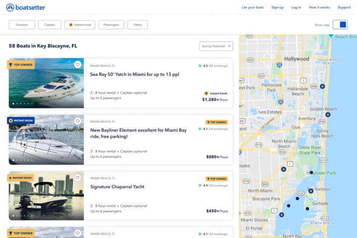 boat rental search results page