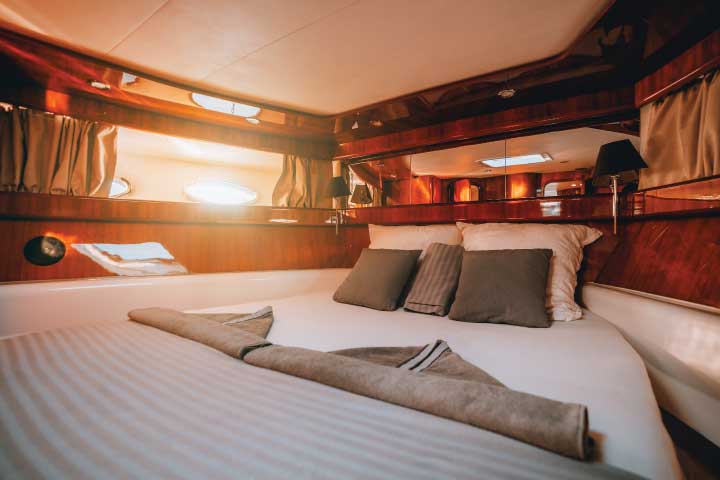 Boat cabin and bed.
