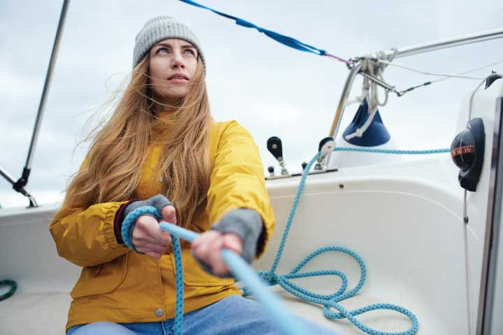 Sailing Wearing Jacket and Hat.