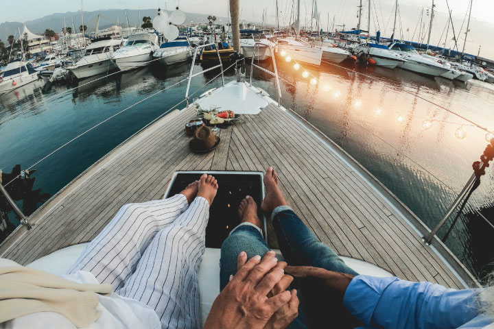 Retired couple on a sailboat.
