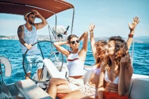 group of friends going boating on valentine's day