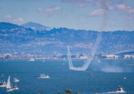 sea plane ascending from the waters during san fran fleet week