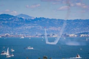sea plane ascending from the waters during san fran fleet week