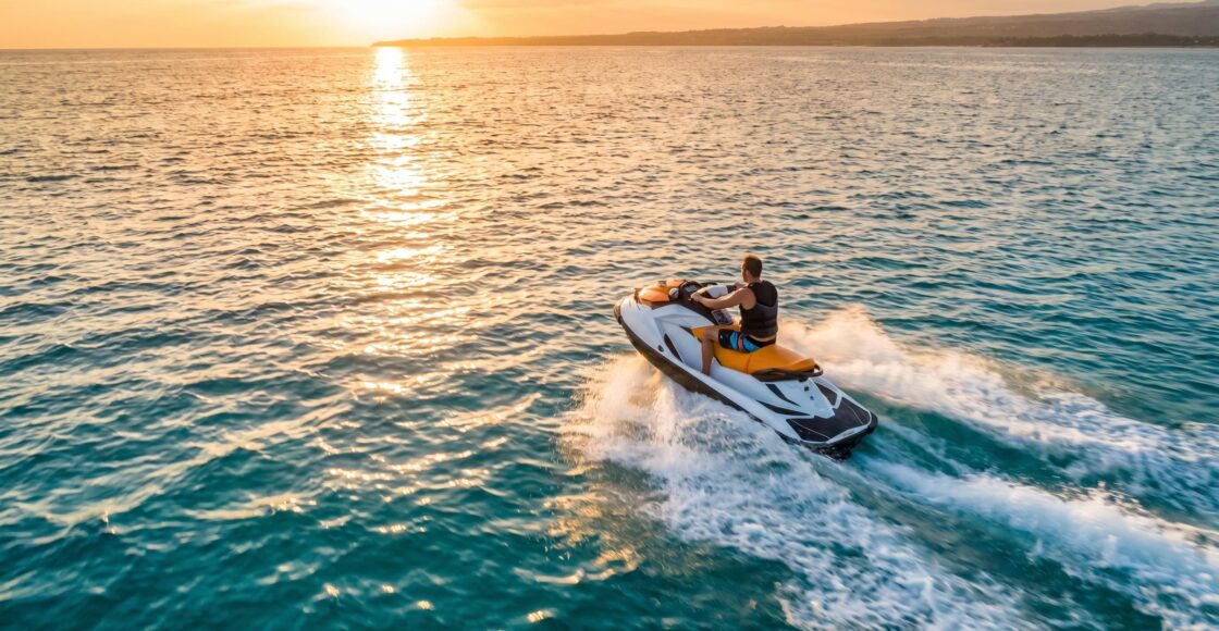 Person riding a jet ski on turquoise ocean water at golden hour